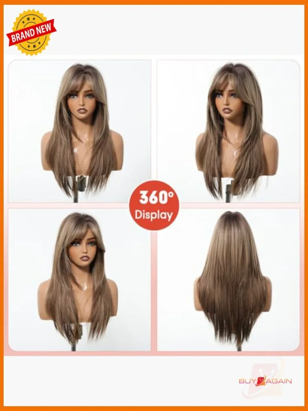 Long Straight Human Hair Wig with Bangs Heat Resistant Natural Look Daily Wear